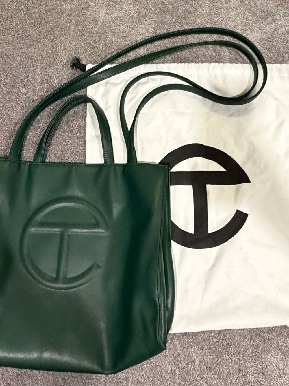 Telfar Dark Green Leather Shopping Tote with Embossed Logo